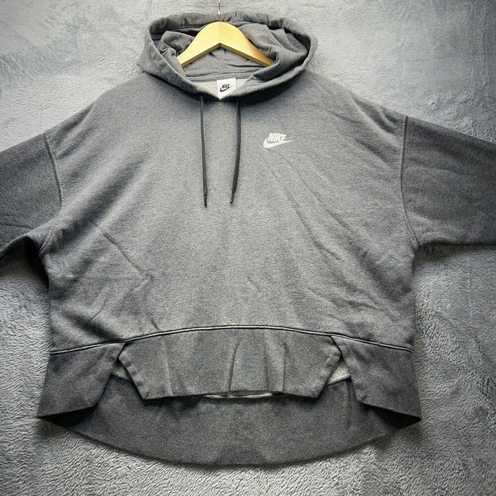 Nike Hoodie Sweatshirt Womens Medium Gray Cropped Pullover Fleece High Low Hem - Picture 9 of 9